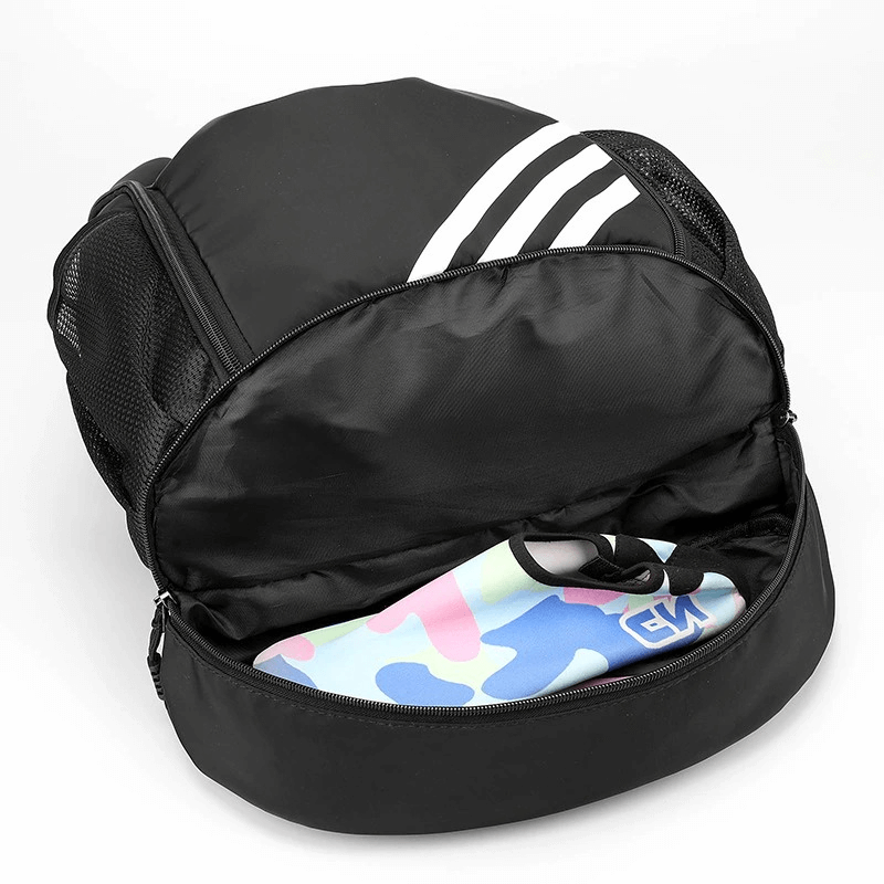 Unisex gym drawstring bag, open to show spacious interior, perfect for basketball and fitness gear, featuring waterproof nylon and softback design.